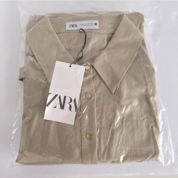 Zara - Women's Linen Blend Mini Shirt Dress - Light Beige. Size: XL. NWT. (1718) - Picture 2 of 16